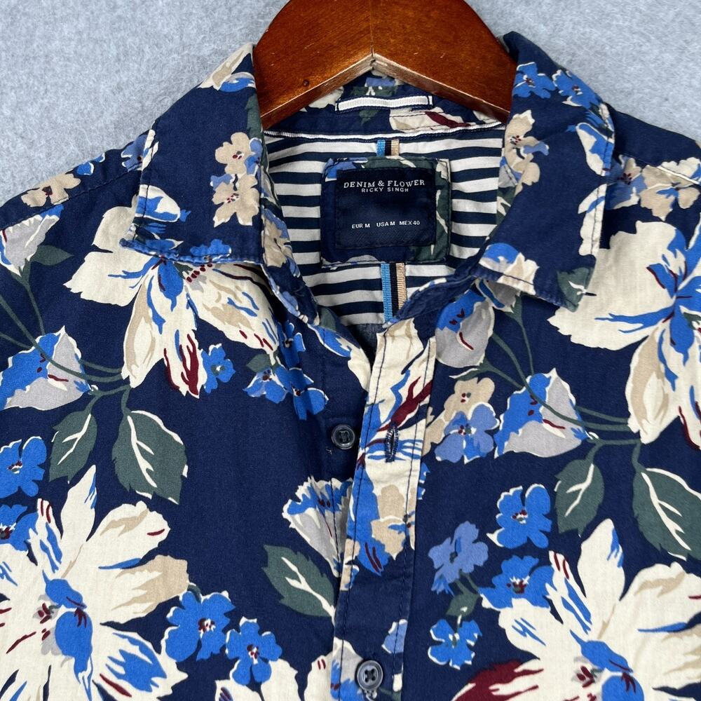 Denim & Flower Floral Print Shirt Medium Beach Casual Button Up Short Sleeve Men - Picture 2 of 7